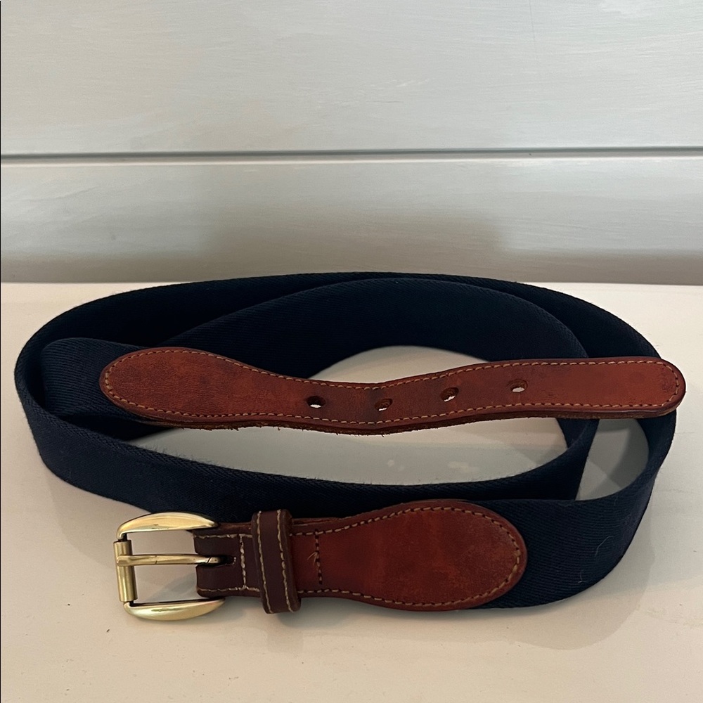 Men's Navy Canvas Belt with Brown Leather With Solid Brass Buckle Size 40